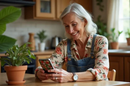 Femme jouant à un jeu de nain de jardin sur smartphone dans sa cuisine