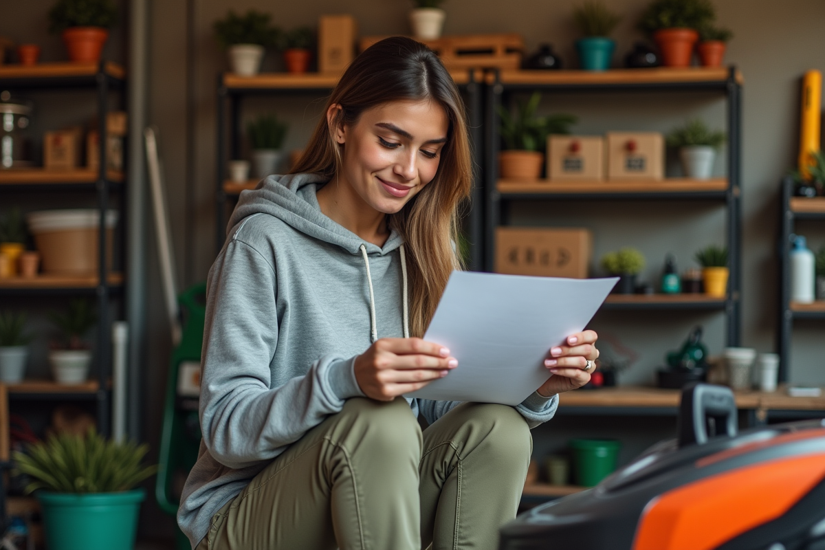 Jeune femme vérifiant une tondeuse électrique dans le garage