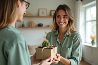 Femme offrant un cactus en pot emballé dans du papier kraft à un proche dans un salon moderne et chaleureux