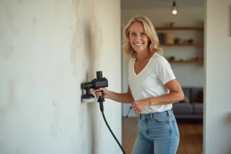 Femme souriante avec pistolet à peinture dans le salon