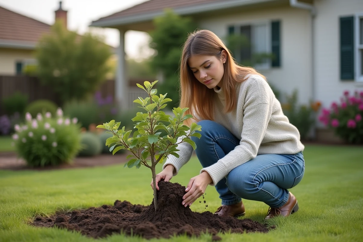 Femme plantant un jeune figuier dans un jardin résidentiel