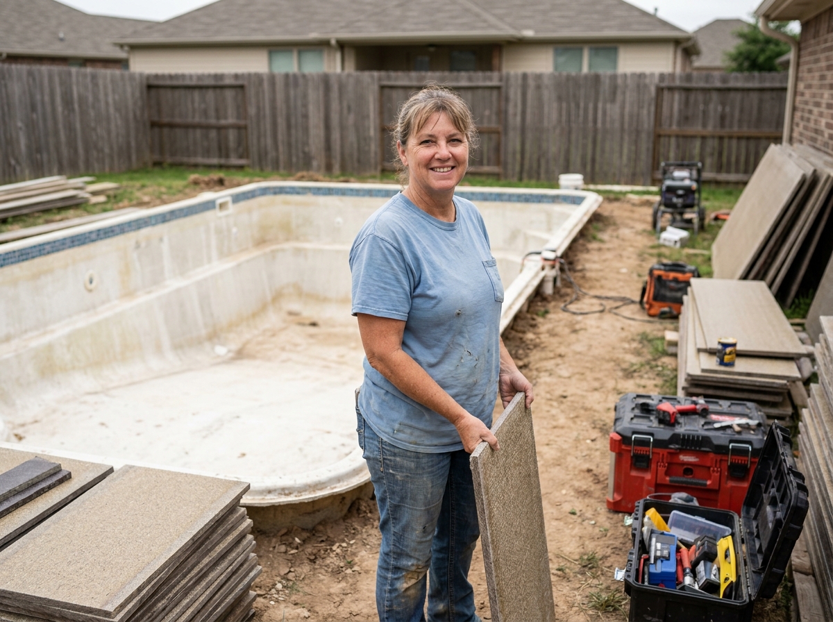 Femme souriante tenant un panneau de piscine en rénovation
