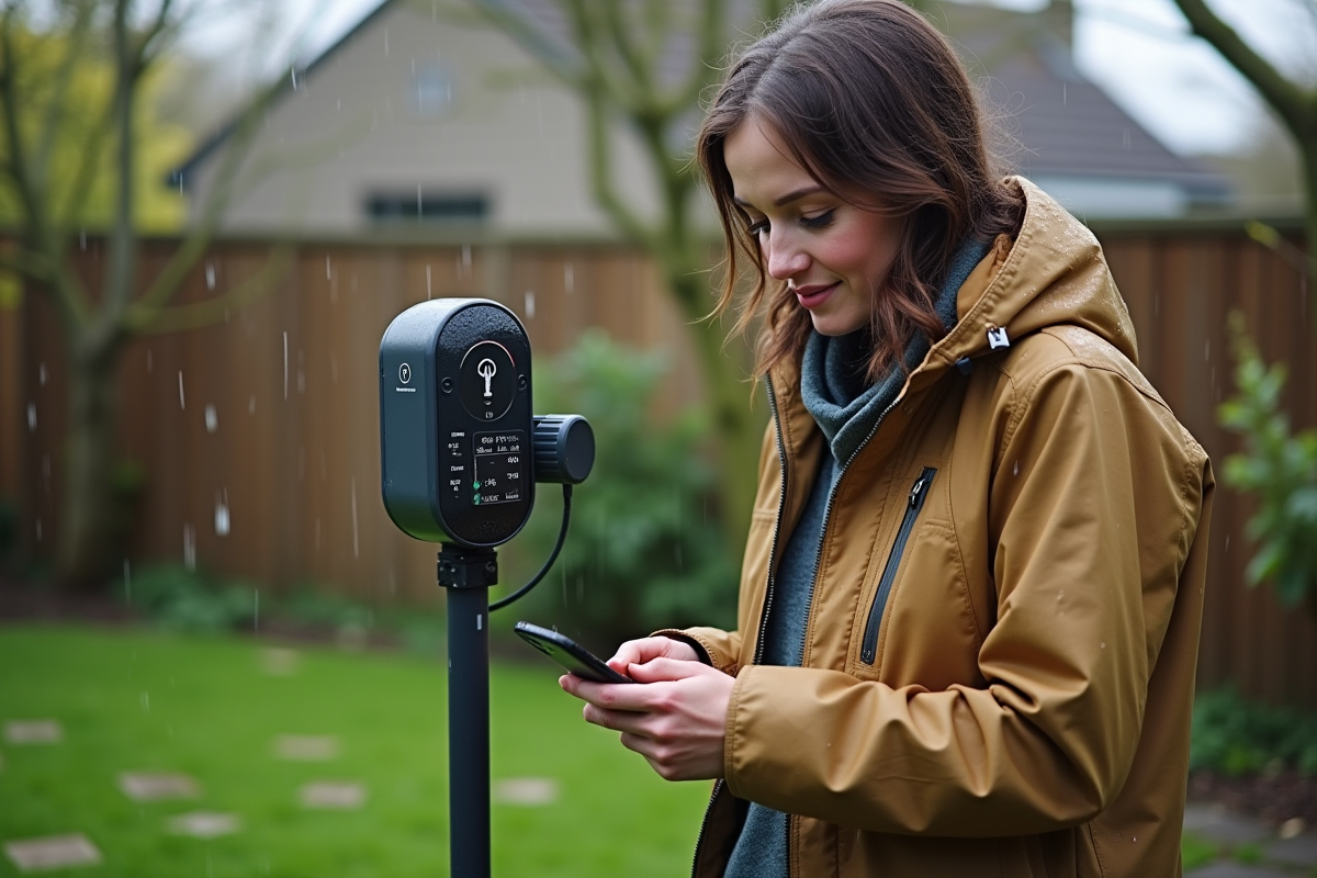Jeune femme utilisant son smartphone pour consulter une station météo extérieure