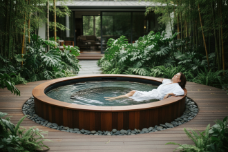 Femme en robe blanche relaxant dans un spa extérieur