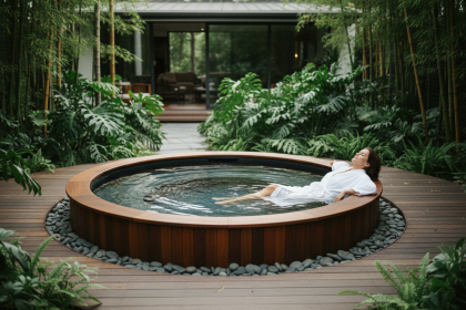 Femme en robe blanche relaxant dans un spa extérieur