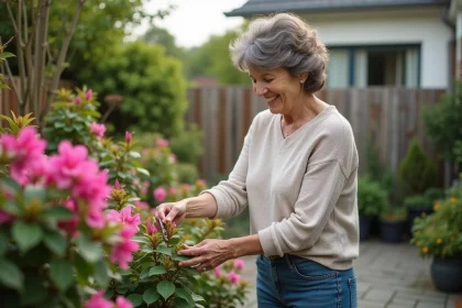 Femme moyenne âge taillant une azalee dans un jardin