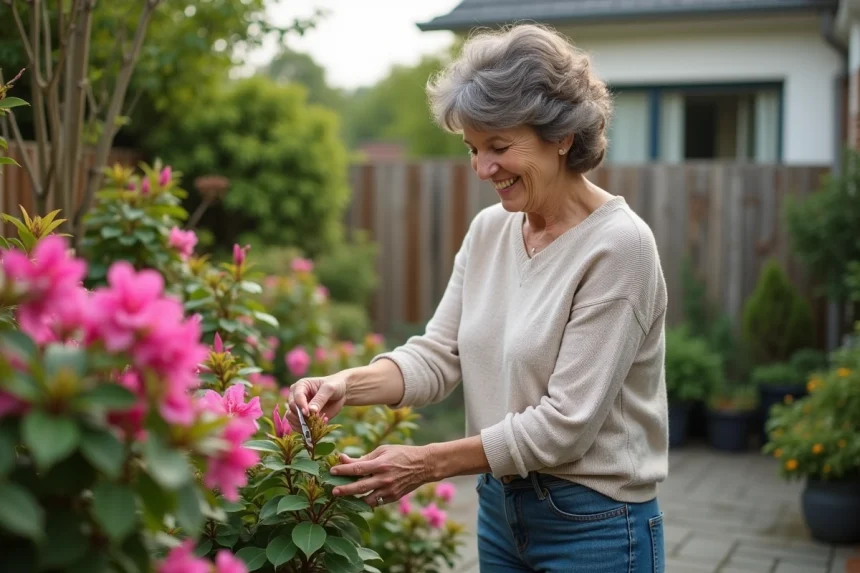 Femme moyenne âge taillant une azalee dans un jardin