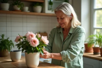 Femme taillant un lisianthus dans la cuisine lumineuse