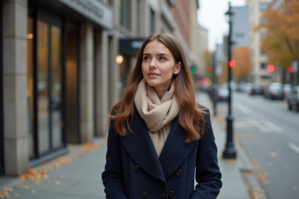 Jeune femme en manteau navy dans une ville en automne