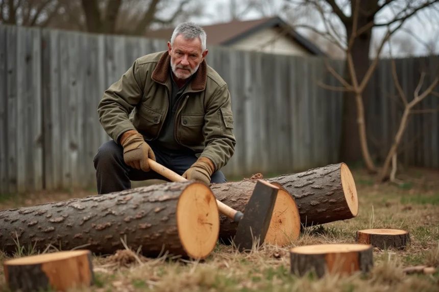 Homme en veste de travail fendant des bûches d'albizia avec un merlin dans un jardin rural en automne