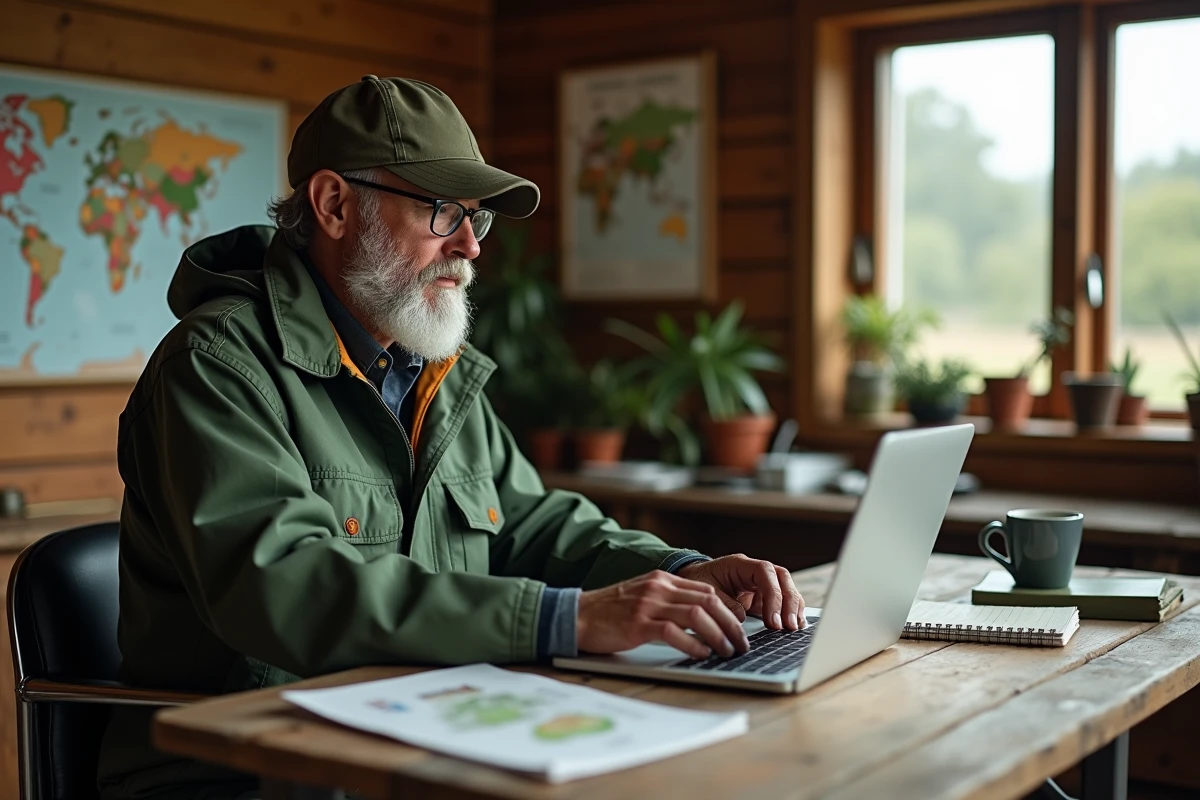 Fermier homme travaillant sur un ordinateur dans un bureau rural
