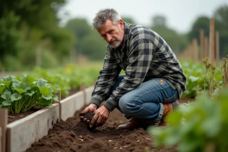 Fermeur en jardinage avec compost dans un jardin rural