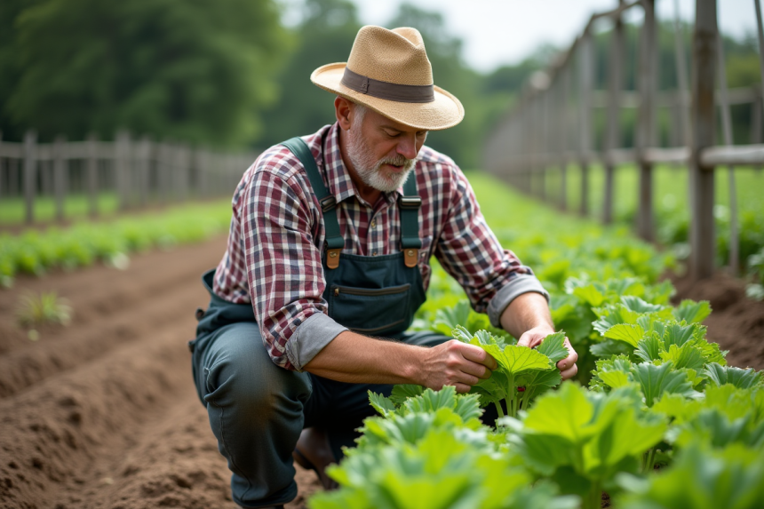 Fermeur inspectant une plante verte dans un jardin