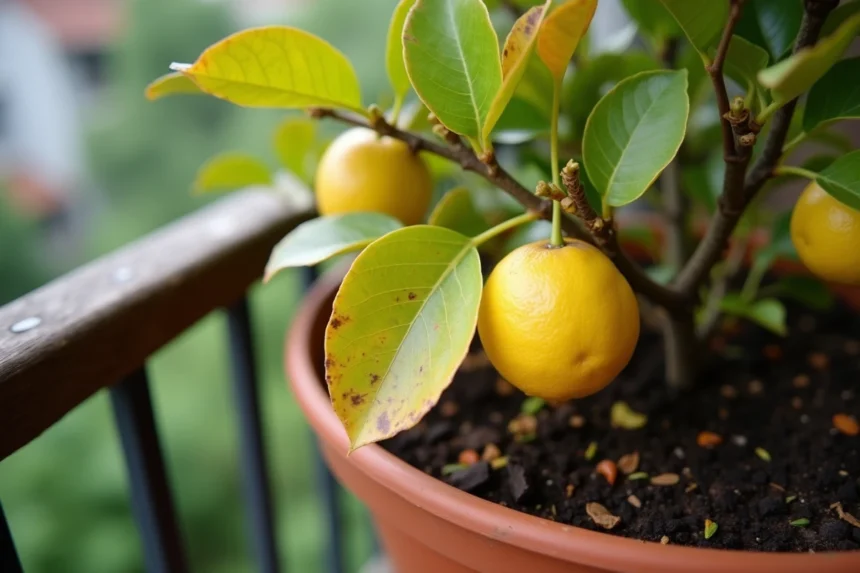 Feuilles jaunissantes et tombantes sur un citronnier en pot posé sur un balcon, gros plan sur les symptômes de chute foliaire