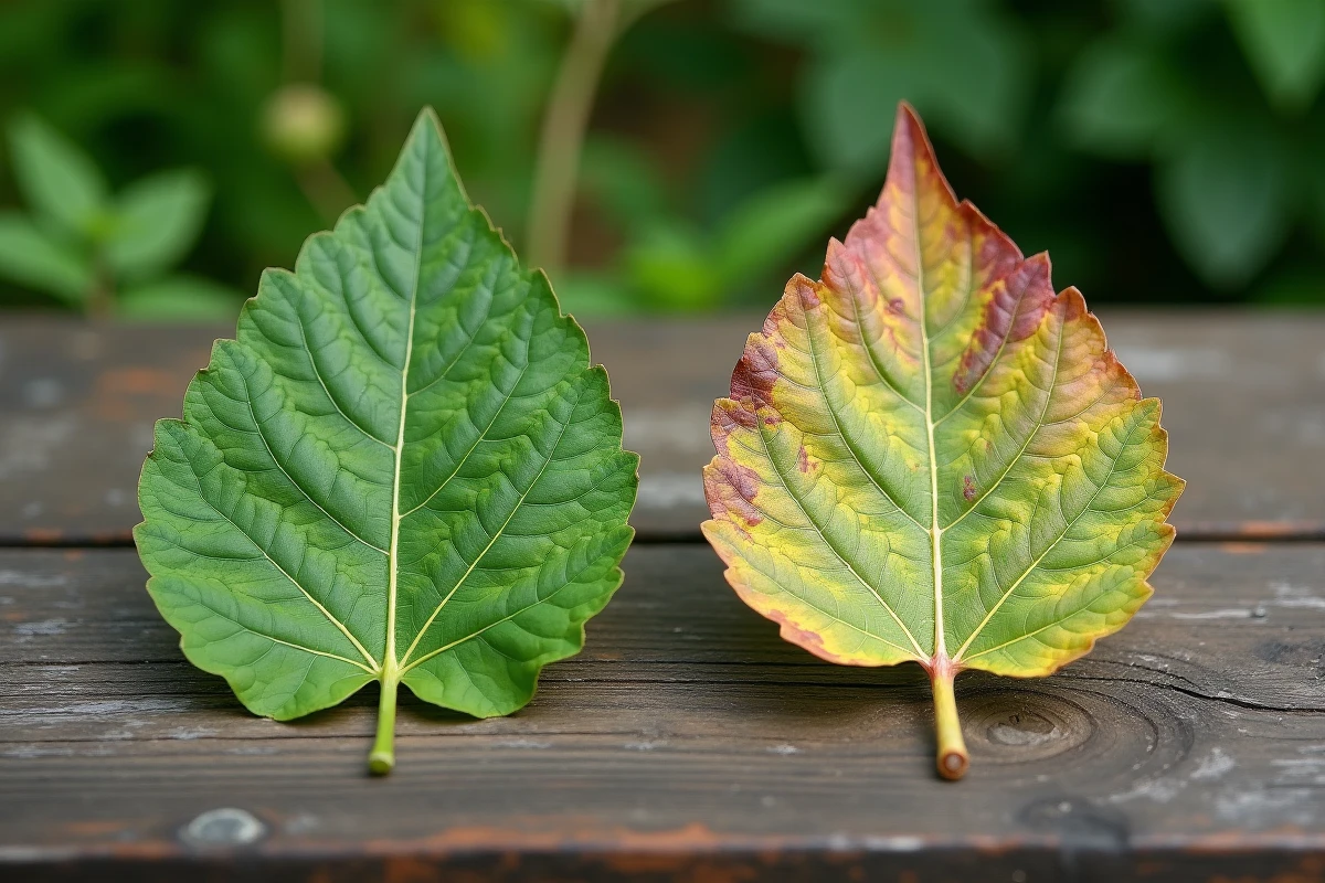 Deux feuilles de mûrier contrastées sur une table en bois