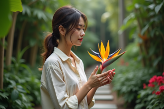 Jeune femme tenant une fleur exotique colorée dans un jardin