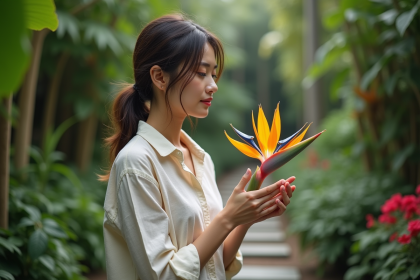 Jeune femme tenant une fleur exotique colorée dans un jardin