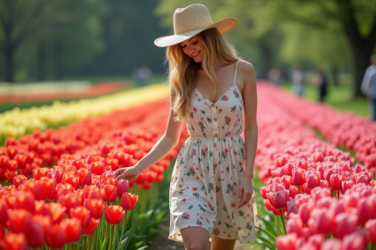 Jeune femme dans un champ de tulipes au Keukenhof