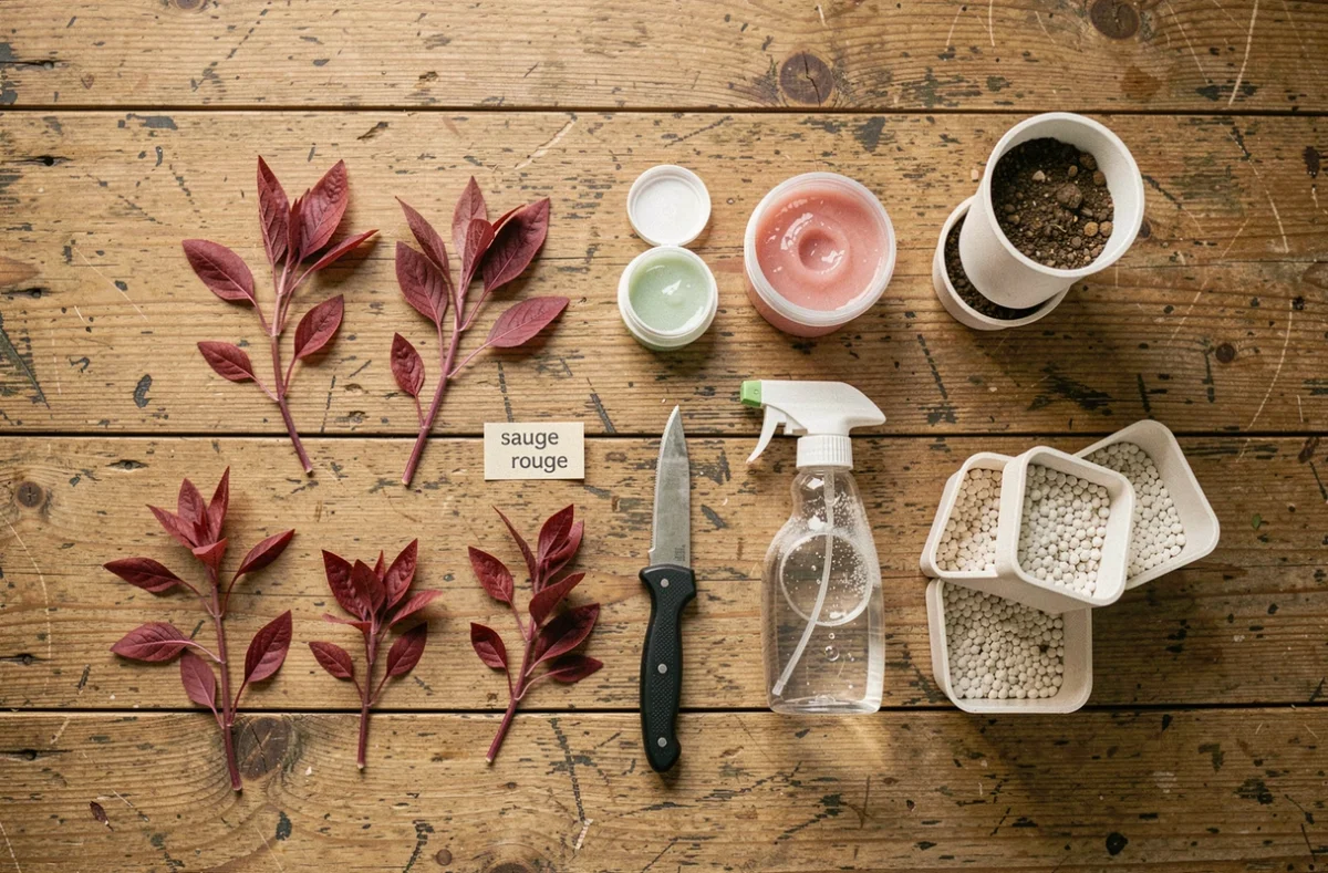 Vue de dessus d'un plat technique de bouturage de sauge rouge avec hormone en gel, couteau et substrat
