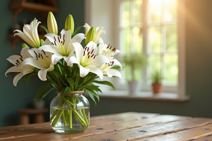 Fleurdelis en lilies blancs sur table en bois