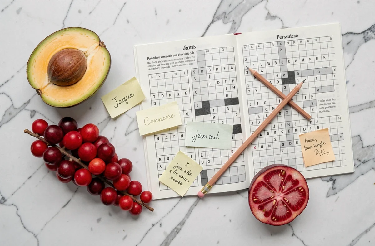 Pose à plat de fruits exotiques en J comme le jaque et les jujubes avec un carnet de mots fléchés ouvert sur fond de marbre blanc