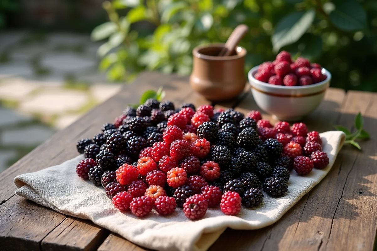 Vue de dessus d'une récolte de fruits de mûrier platane à différents stades de maturité posés sur un tissu en lin sur une table en bois rustique