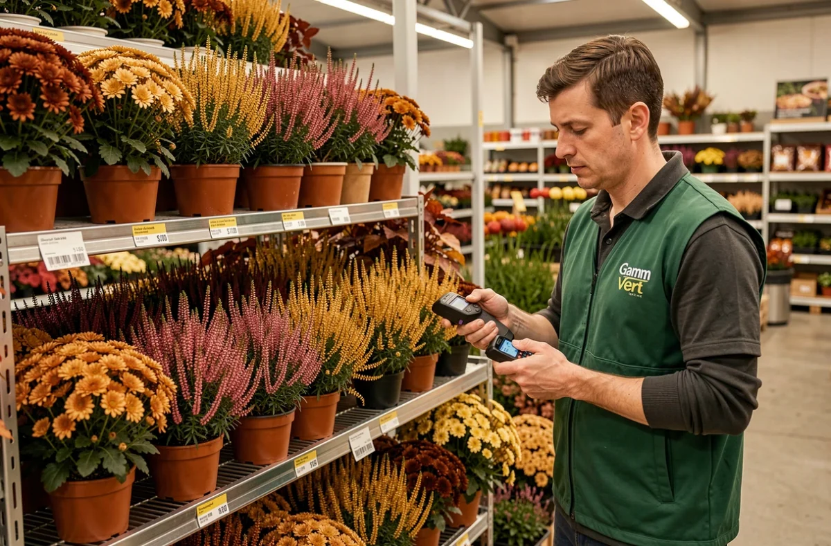 Rayon automne du Gamm Vert de Limoges en Haute-Vienne, avec chrysanthèmes et bruyères sur des présentoirs métalliques et un employé faisant l'inventaire