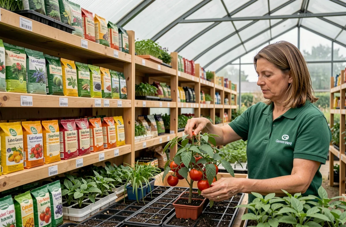 Intérieur du Gamm Vert de Villeneuve-sur-Lot avec une employée en polo vert aidant un client à choisir des plants de tomates sur des étagères coopératives
