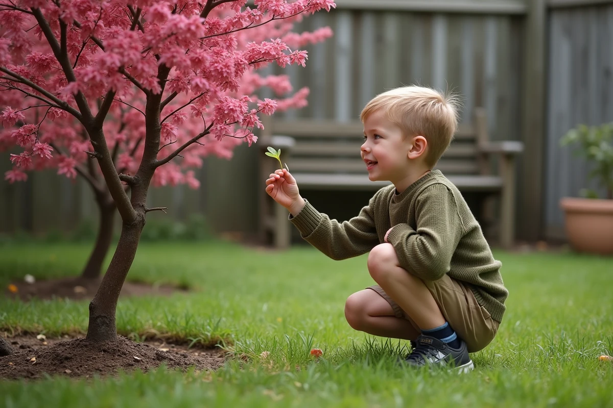 Jeune garçon ramassant une feuille de cerisier dans un jardin