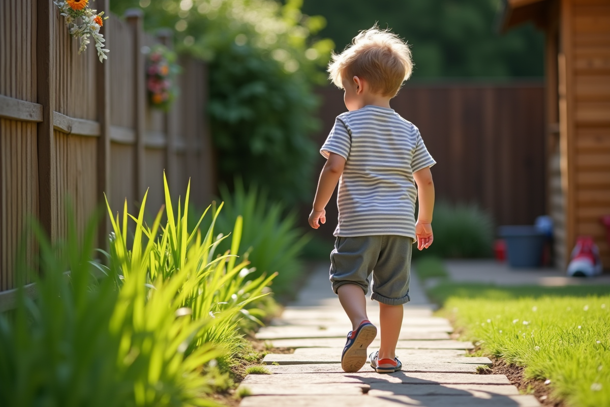 Garçon de 10 ans observant le jardin depuis le chemin