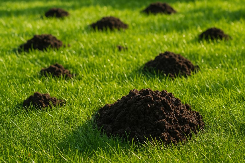 Photo hyperrealiste d'une pelouse verte avec des mottes de terre de taupe