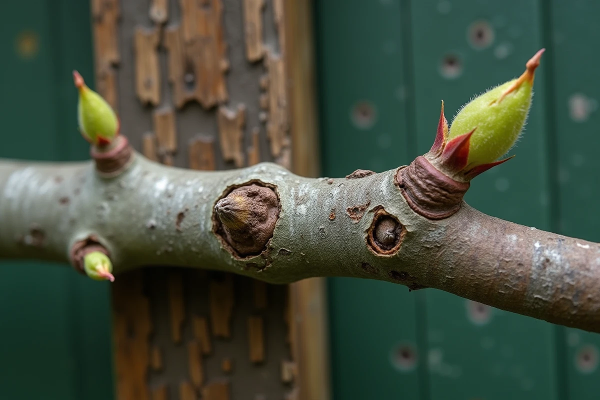 Gros plan sur des erreurs de taille d'un pêcher en espalier, montrant un chicot trop long et une branche mal orientée sur un treillage en bois