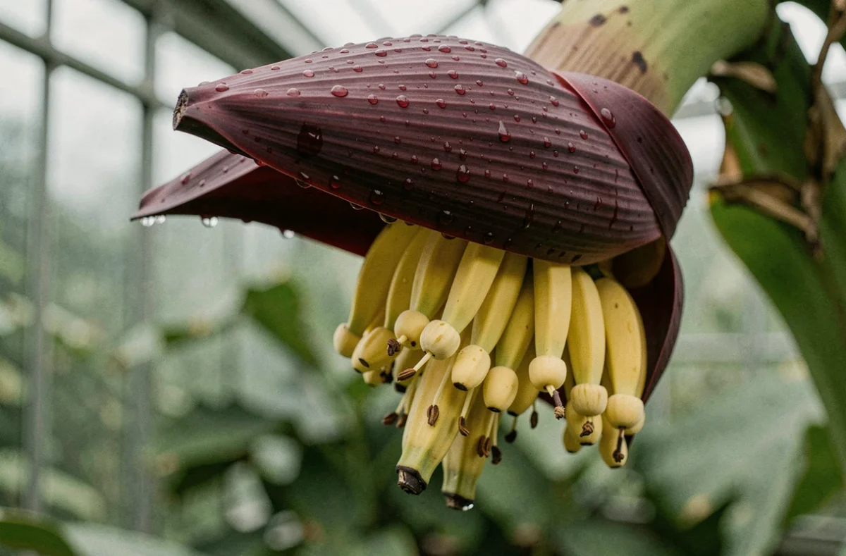 Gros plan sur la fleur de bananier avec sa bractée bordeaux et ses petits doigts jaunes en formation dans une serre froide