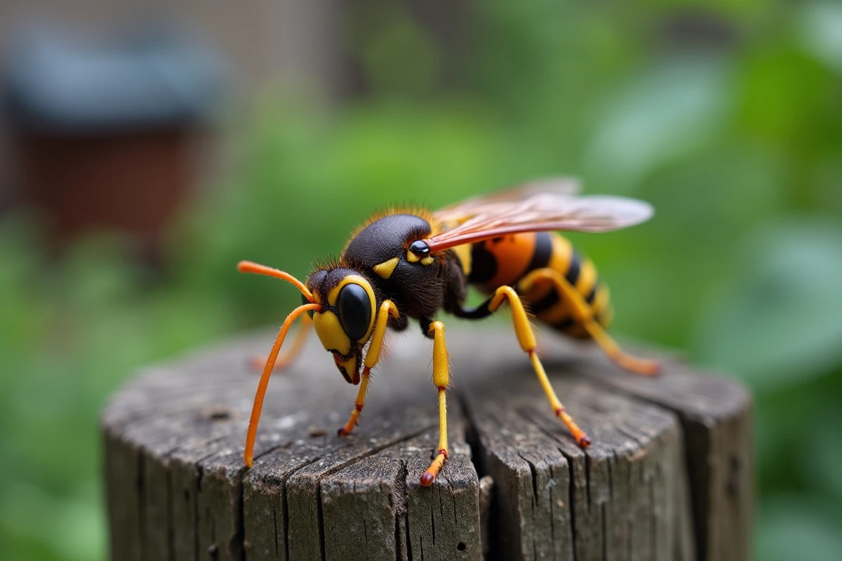 Gros plan hyper-réaliste d'un frelon asiatique Vespa velutina posé sur une clôture en bois dans un jardin, montrant ses caractéristiques distinctives