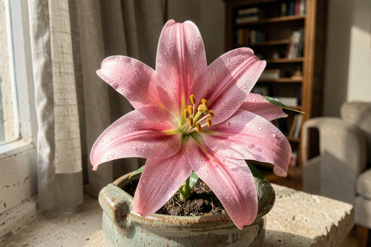 Gros plan d'un lys rose en fleur dans un pot en céramique posé sur un rebord de fenêtre ensoleillé