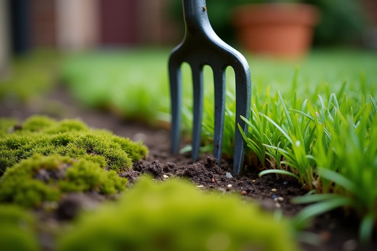 Gros plan sur une pelouse envahie par la mousse avec une fourche de jardinage plantée dans le sol pour l'aération