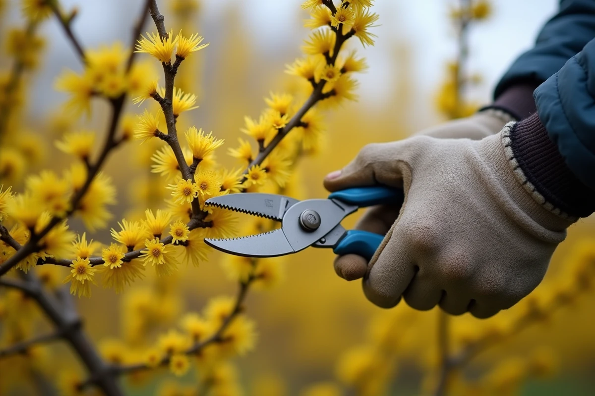 Gros plan sur des mains taillant une branche de mimosa avec un sécateur au printemps