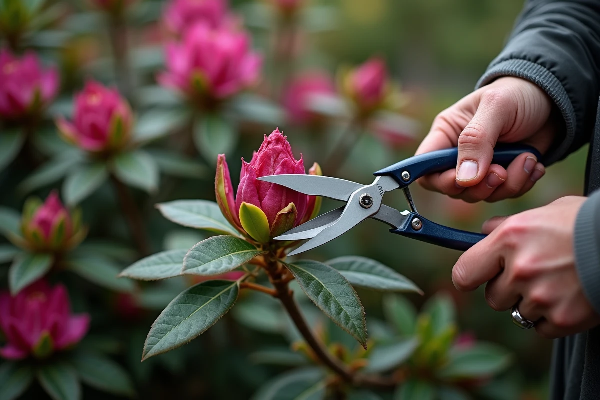 Gros plan sur la taille des fleurs fanées d'un rhododendron avec un sécateur propre révélant les bourgeons