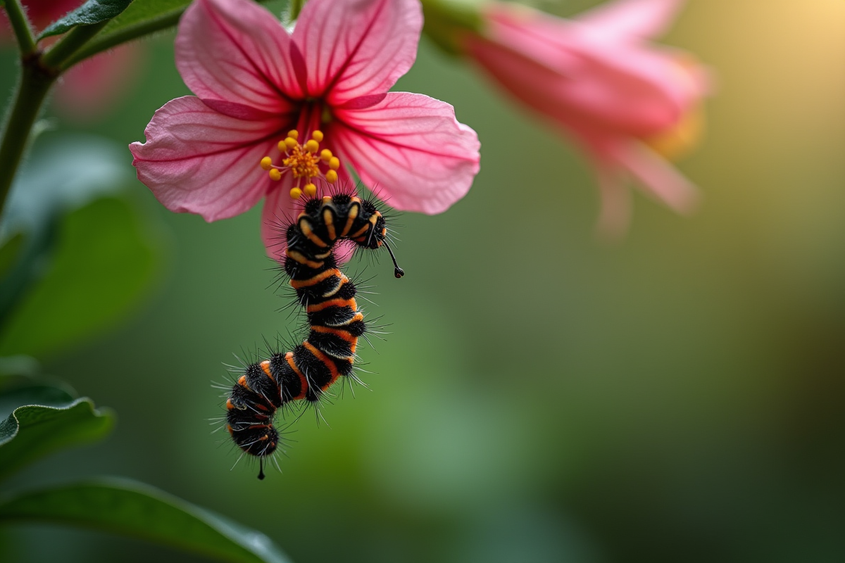 Gros plan chenille sphinx sous fleur rose en gouttes