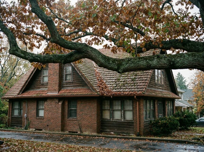 Grosse branche d'arbre surplombant une toiture résidentielle en automne, avec feuilles accumulées dans les gouttières et risque visible d'endommagement