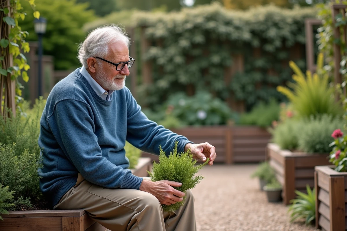 Homme âgé contemplant les plantes dans un jardin