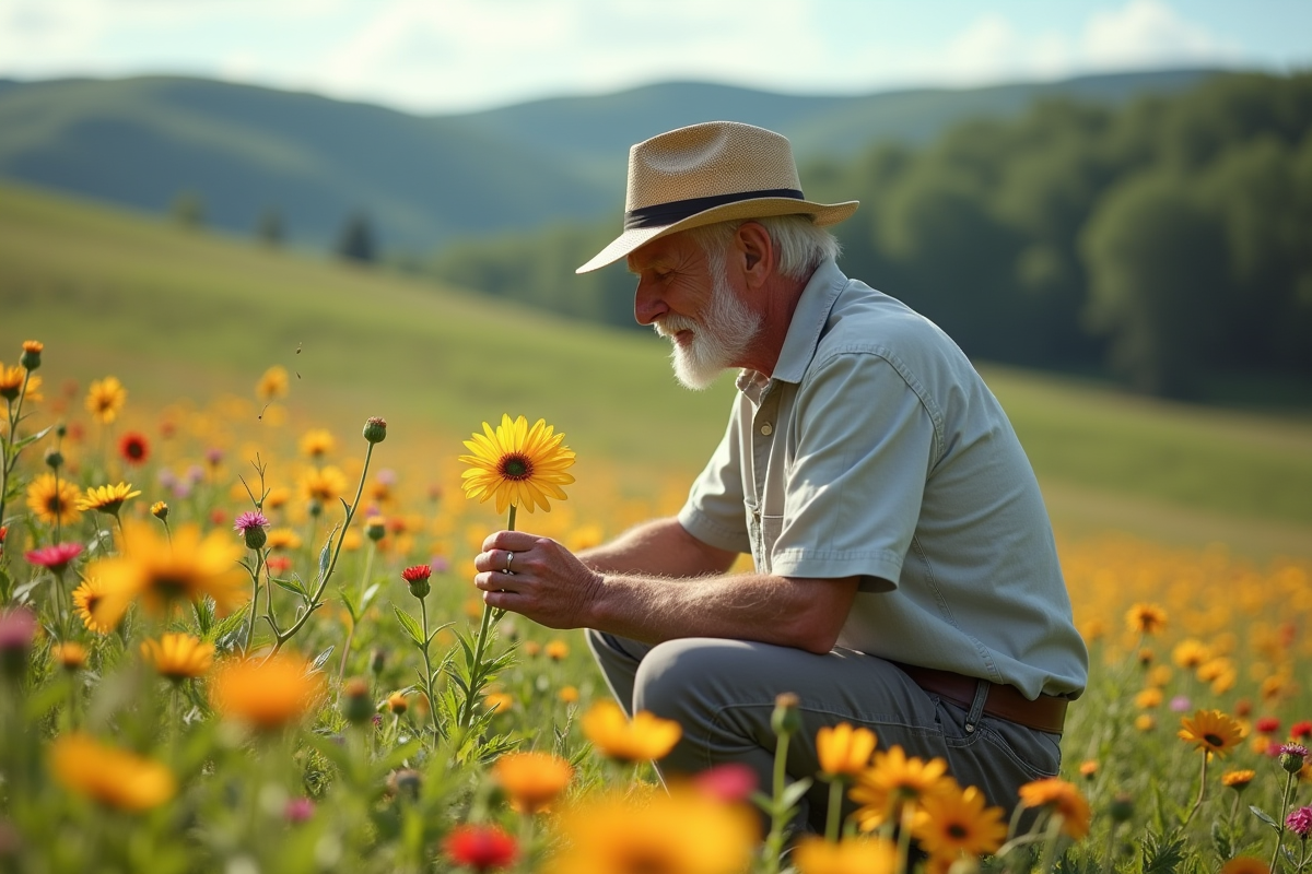 Homme âgé examinant une fleur dans un champ de fleurs sauvages