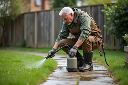 Homme en tenue de travail applique un traitement anti-mousse sur un chemin de jardin