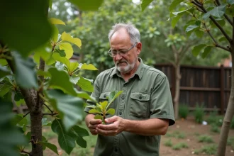 Homme inspectant jeunes pousses de figuier dans le jardin