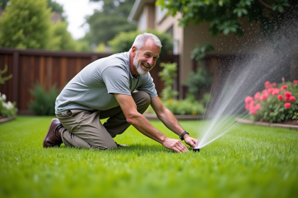 Homme au jardin vérifiant l'humidité du sol en été