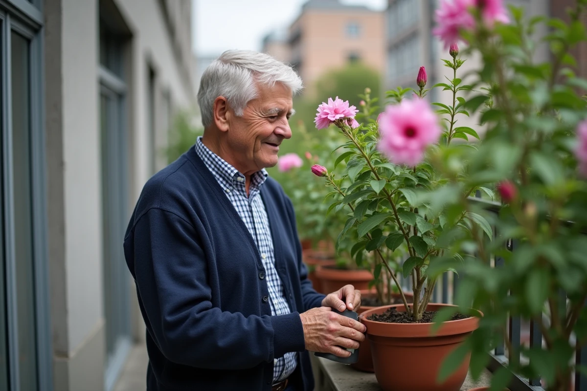 Homme âgé arrosant un lisianthus sur un balcon urbain