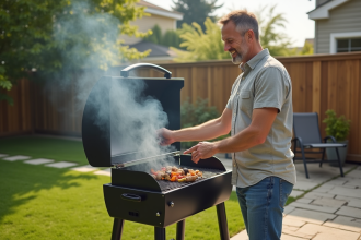 Homme d'âge moyen souriant près d'un barbecue dans un jardin