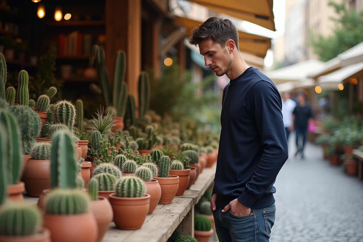 Homme choisissant un cactus parmi plusieurs variétés sur un marché urbain en plein air avec des pots en terre cuite