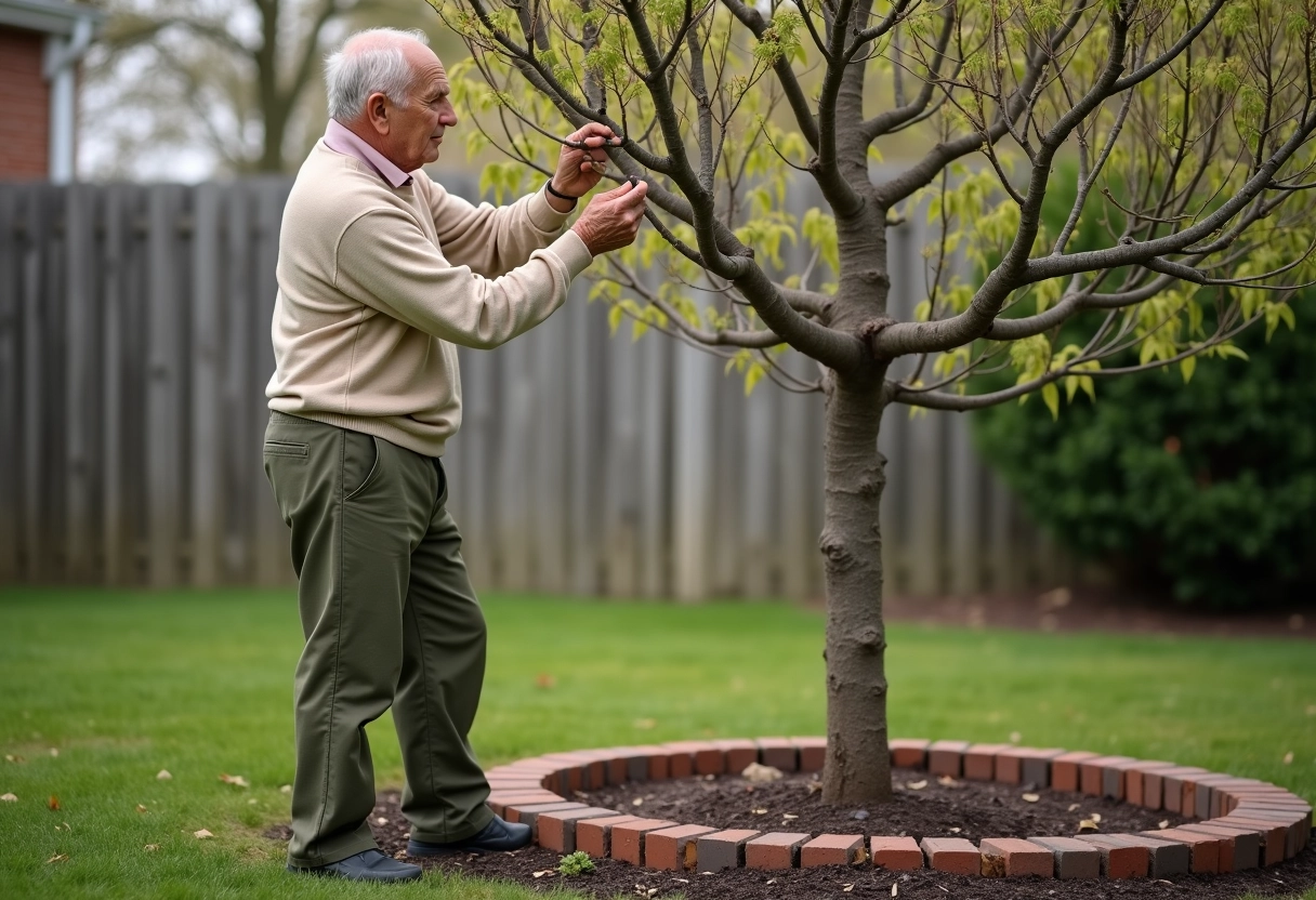 Homme âgé observant les jeunes pousses de crape myrtle