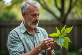 Homme d'âge moyen examine une feuille de mûrier avec attention